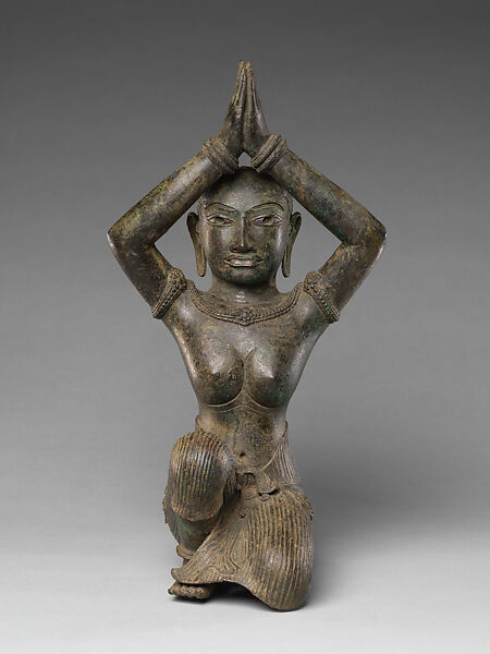 Kneeling Female Figure, Bronze inlaid with silver, traces of gold, Thailand