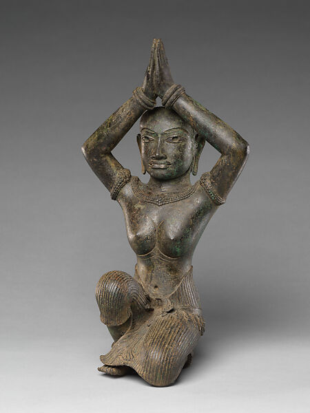 Kneeling Female Figure, Bronze inlaid with silver, traces of gold, Thailand