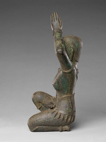 Kneeling Female Figure, Bronze inlaid with silver, traces of gold, Thailand