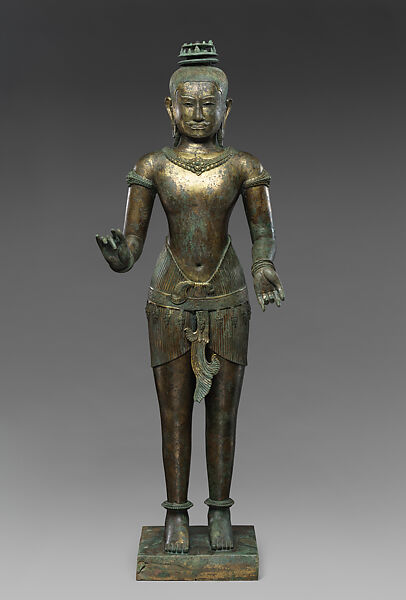 Standing Shiva (?), Gilt-copper alloy, silver inlay, Thailand