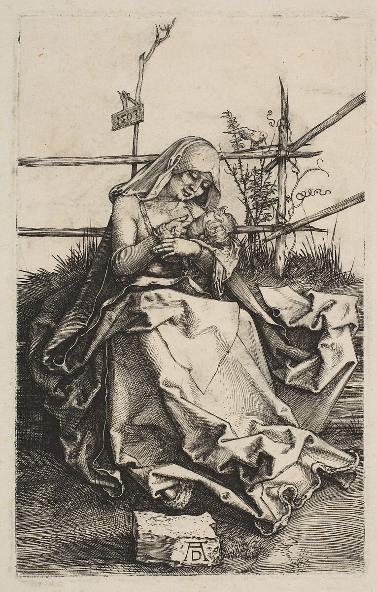 Virgin and Child on a Grassy Bench, Albrecht Dürer  German, Engraving