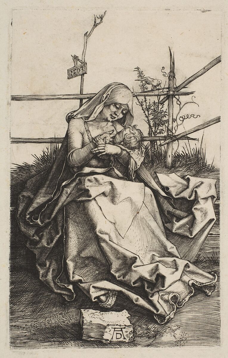 Virgin and Child on a Grassy Bench, Albrecht Dürer (German, Nuremberg 1471–1528 Nuremberg), Engraving 