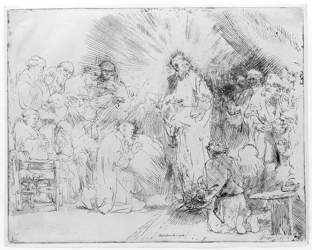 Christ Appearing to the Apostles, Rembrandt (Rembrandt van Rijn) (Dutch, Leiden 1606–1669 Amsterdam), Etching and drypoint, very light plate tone