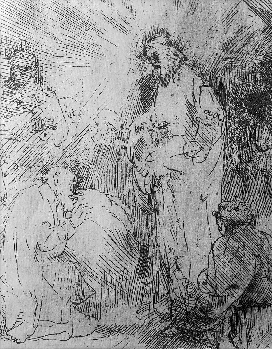 Christ Appearing to the Apostles, Rembrandt (Rembrandt van Rijn) (Dutch, Leiden 1606–1669 Amsterdam), Etching and drypoint, very light plate tone