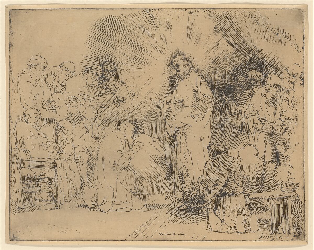 Christ Appearing to the Apostles, Rembrandt (Rembrandt van Rijn) (Dutch, Leiden 1606–1669 Amsterdam), Etching and drypoint, very light plate tone 