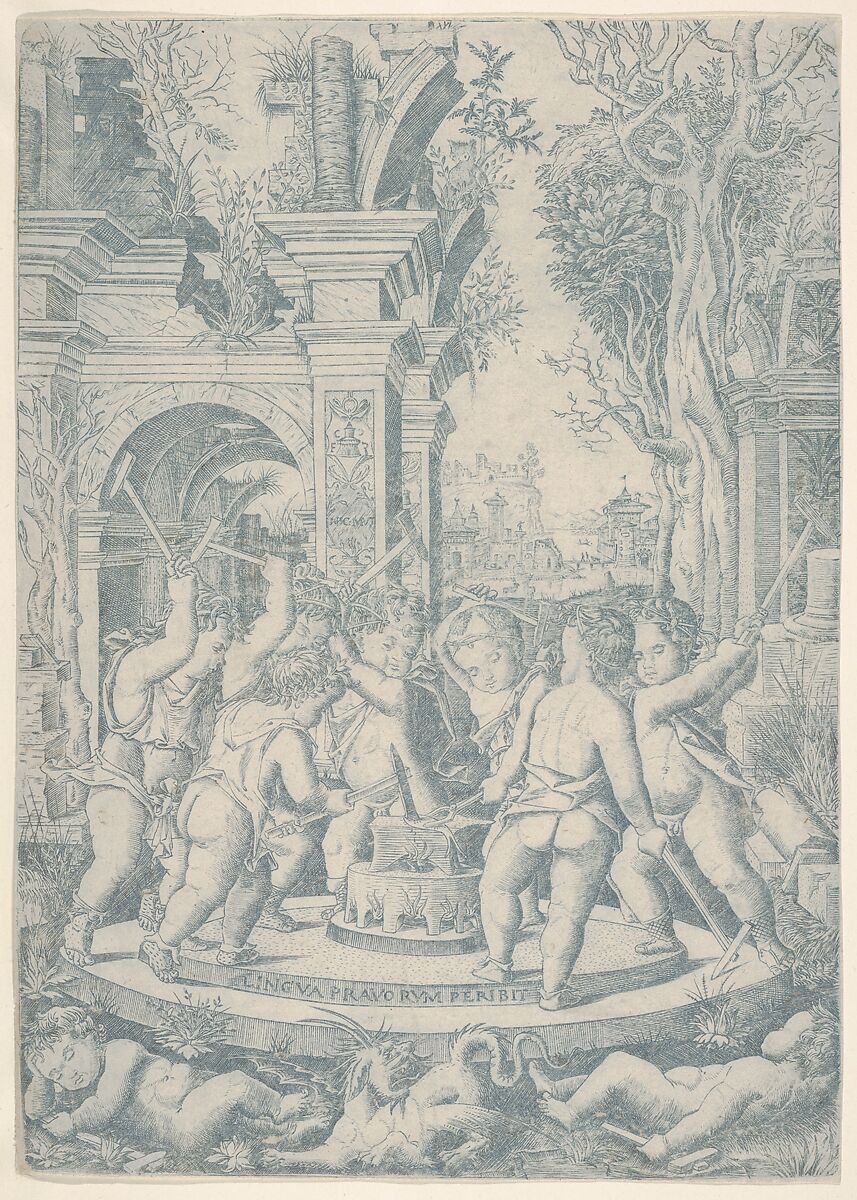 The fate of an evil tongue; seven putti stand around an anvil on which they hammer a tongue, landscape and architecture behind, Nicoletto da Modena (Italian, Modena, active ca. 1500–ca. 1520), Engraving printed in gray-blue ink 