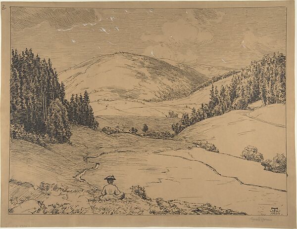 View in the Black Forest (Valley near St. Blasien), Hans Thoma (German, Bernau im Schwarzwald 1839–1924 Karlsruhe), Pen and black ink, over a sketch in graphite, heightened with white gouache 