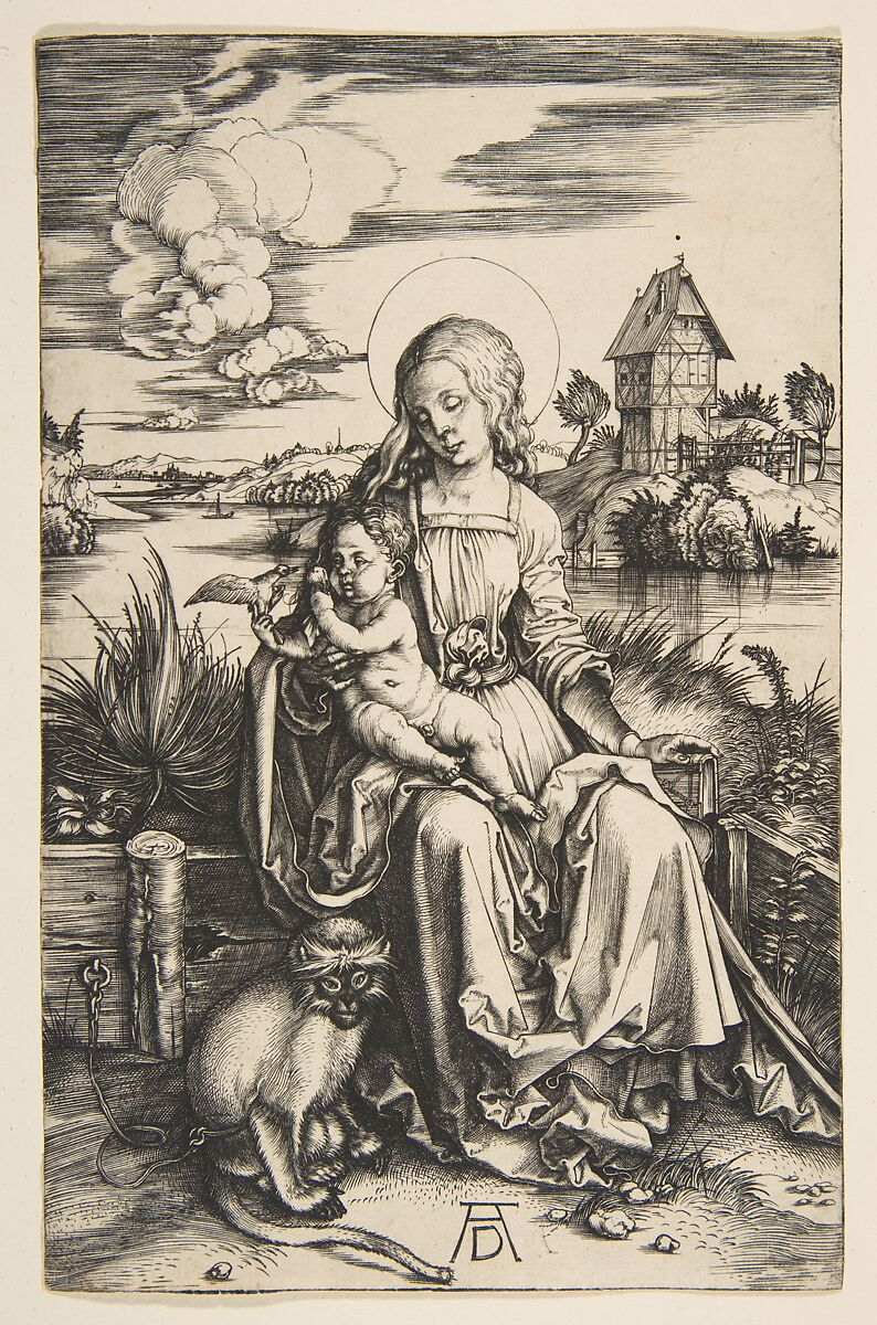 Virgin and Child with the Monkey, Albrecht Dürer (German, Nuremberg 1471–1528 Nuremberg), Engraving 