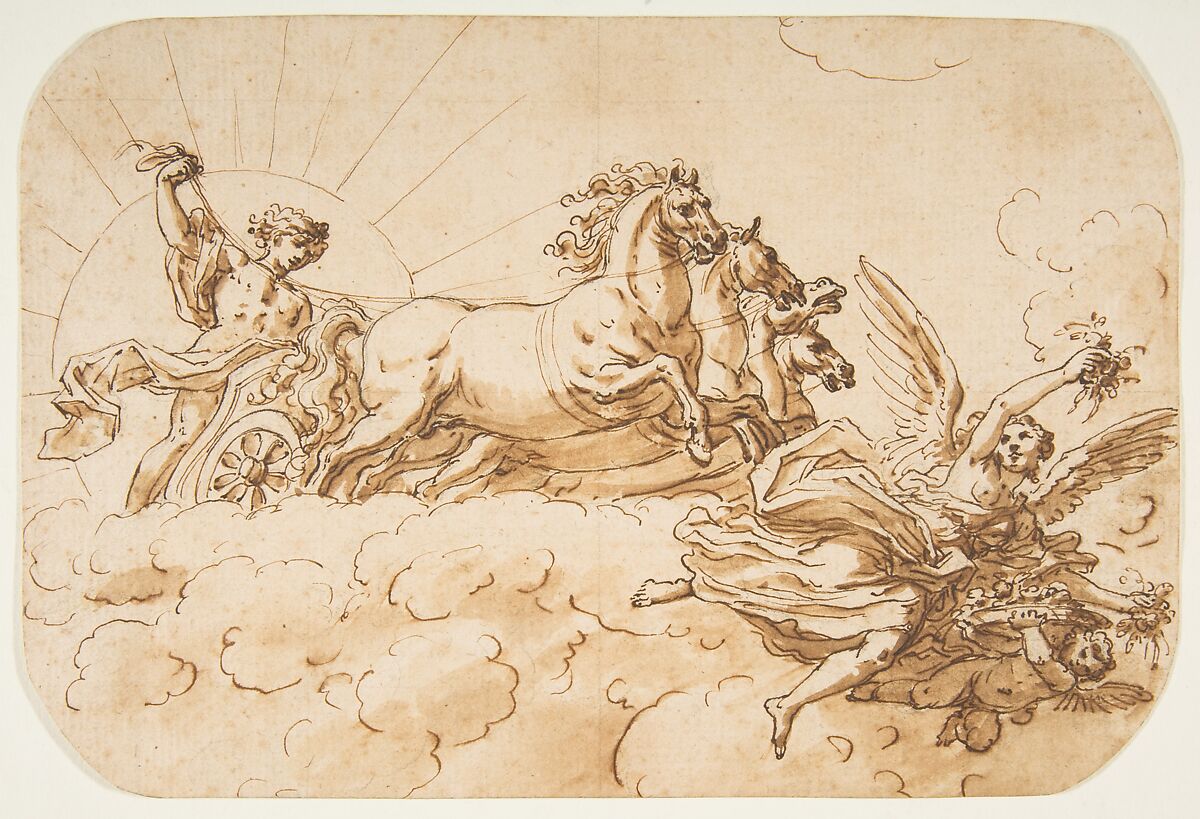 Chariot of Apollo, Attributed to Sir James Thornhill (British, Woolland, Dorset (?) 1675/76–1734 Stalbridge, Dorset), Pen and brown ink, brush and wash, over traces of graphite 