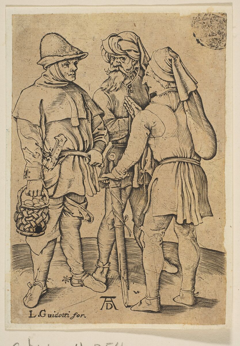 Three Peasants in Conversation (reverse copy), After Albrecht Dürer (German, Nuremberg 1471–1528 Nuremberg), Engraving 