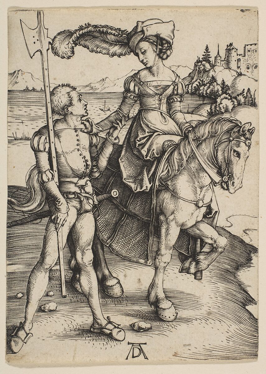 The Lady on Horseback and the Lansquenet, Albrecht Dürer (German, Nuremberg 1471–1528 Nuremberg), Engraving 