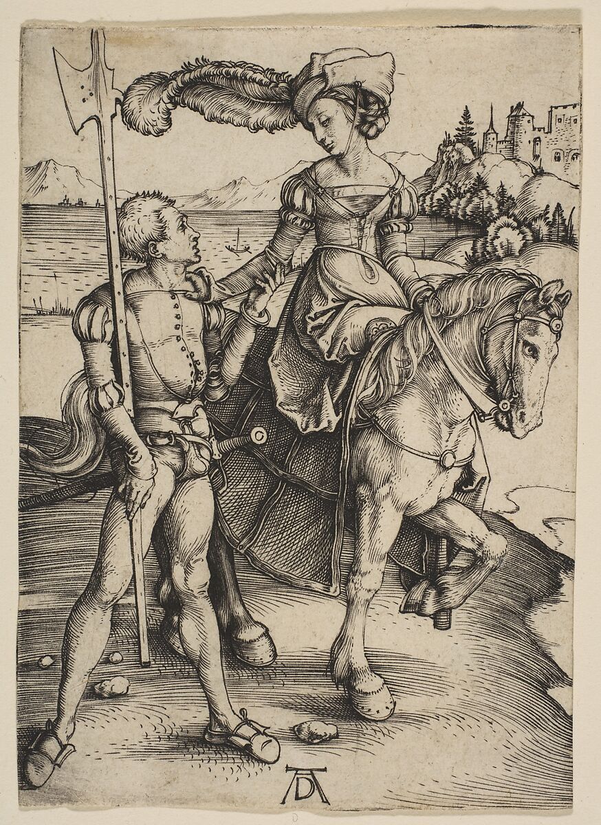 The Lady on Horseback and the Lansquenet, Albrecht Dürer (German, Nuremberg 1471–1528 Nuremberg), Engraving 