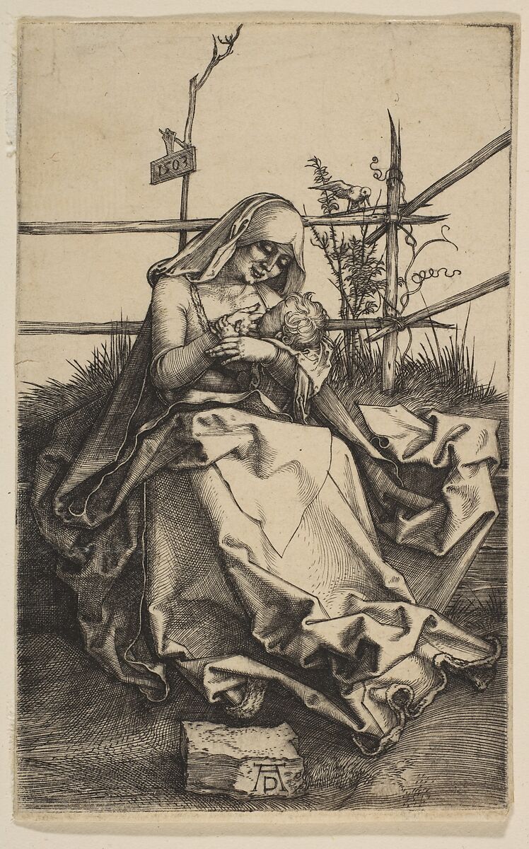 Virgin on a Grassy Bench, Albrecht Dürer (German, Nuremberg 1471–1528 Nuremberg), Engraving 