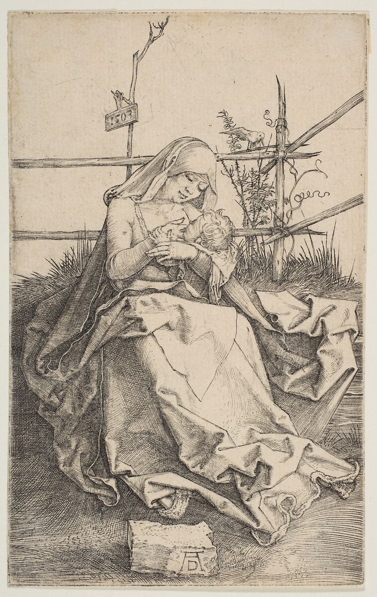 Virgin on a Grassy Bench, Albrecht Dürer (German, Nuremberg 1471–1528 Nuremberg), Engraving 
