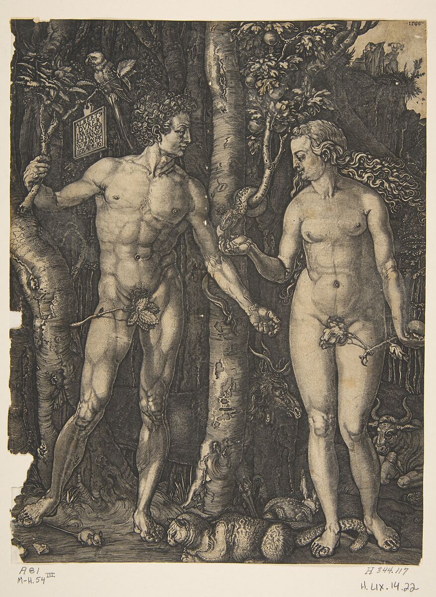 Adam and Eve (copy), Jan (Johannes) Wierix (Netherlandish, Antwerp 1549–1615 Brussels), Engraving 