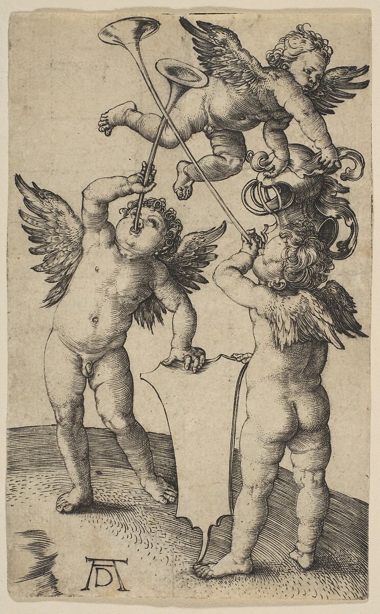 Three Putti with Trumpets, Albrecht Dürer (German, Nuremberg 1471–1528 Nuremberg), Engraving 