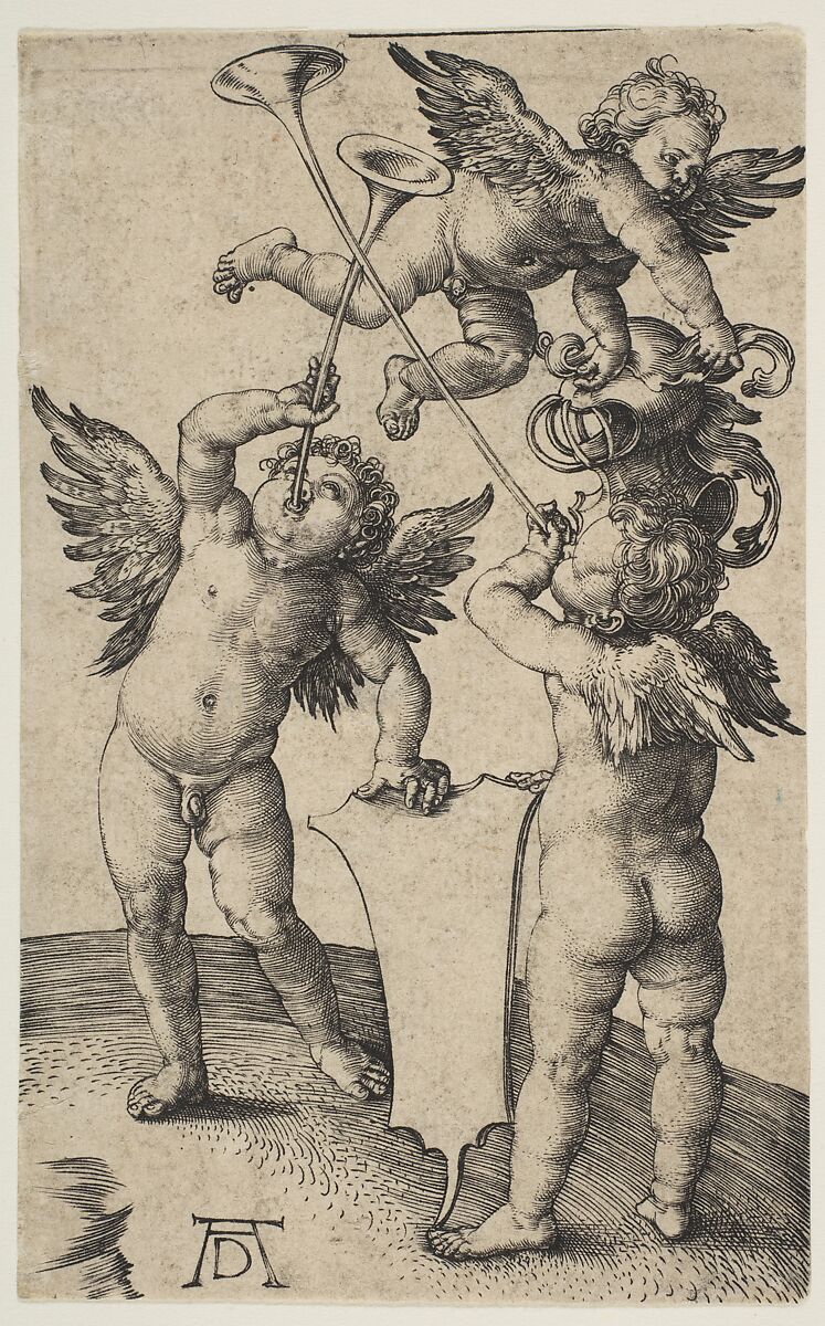 Three Putti with Trumpets, Albrecht Dürer (German, Nuremberg 1471–1528 Nuremberg), Engraving 