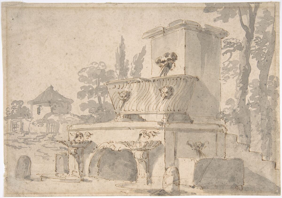 Venetian Capriccio: Landscape with a Farm Building, Sarcophagus, and Fountain (recto);  Monument (verso), Giuseppe Bernardino Bison (Italian, Palmanova 1762–1844 Milan), Pen and light brown ink, brush and gray wash (recto); soft black chalk, or graphite, or leadpoint (verso). 