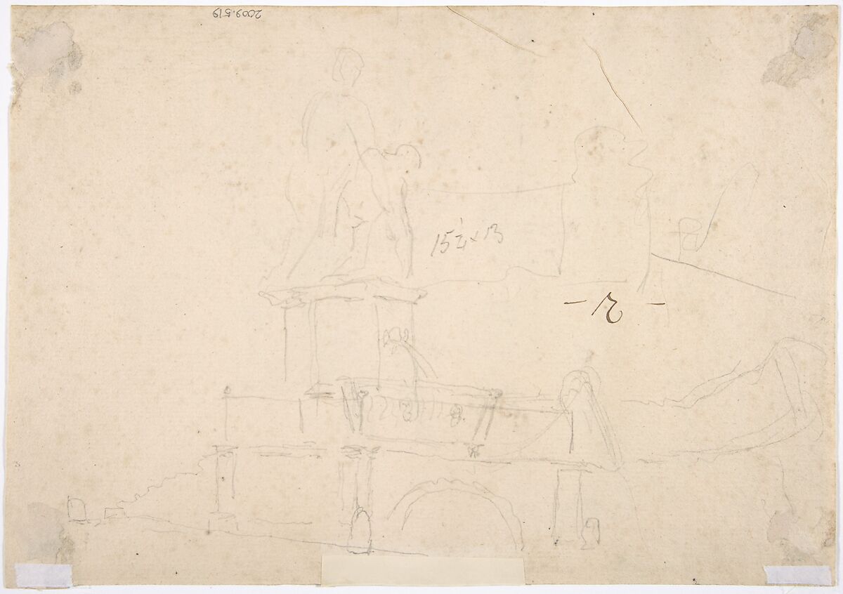 Venetian Capriccio: Landscape with a Farm Building, Sarcophagus, and Fountain (recto);  Monument (verso), Giuseppe Bernardino Bison (Italian, Palmanova 1762–1844 Milan), Pen and light brown ink, brush and gray wash (recto); soft black chalk, or graphite, or leadpoint (verso).
