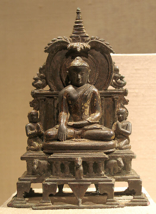 Miniature Shrine with the Enthroned Buddha, Bronze with traces of gilt and lacquer, Burma 