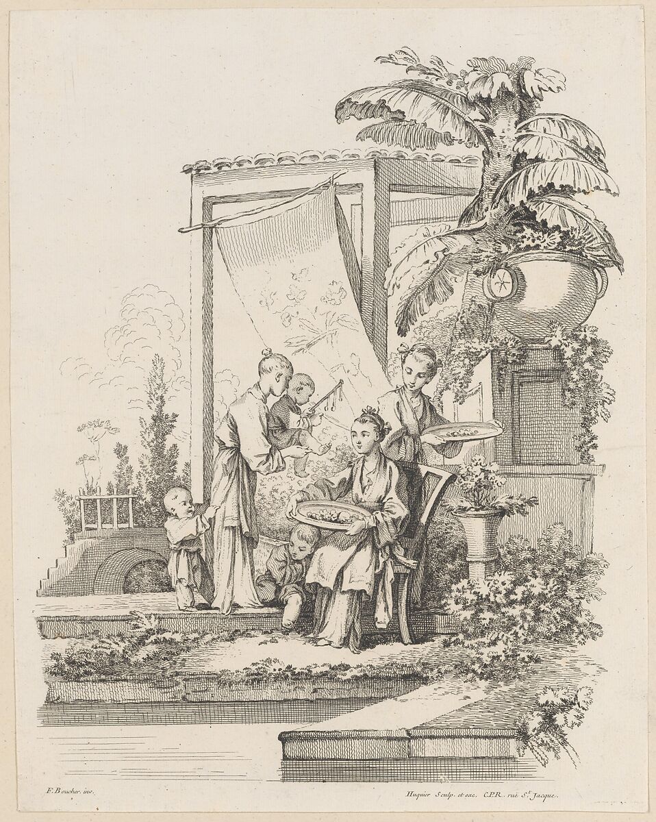 Seated Woman with Children and Servants, Gabriel Huquier (French, Orléans 1695–1772 Paris), Etching and engraving 