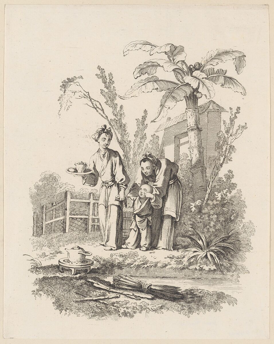 Two Women Leading a Child toward a Teapot on a Table near a Pond, Gabriel Huquier (French, Orléans 1695–1772 Paris), Etching and engraving 