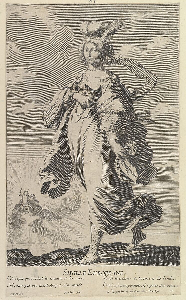 Sibyl of Europe, from La Galerie des femmes fortes, Gilles Rousselet (French, Paris 1614–1686 Paris), Engraving (figure by Rousselet) and etching (background by Bosse) 