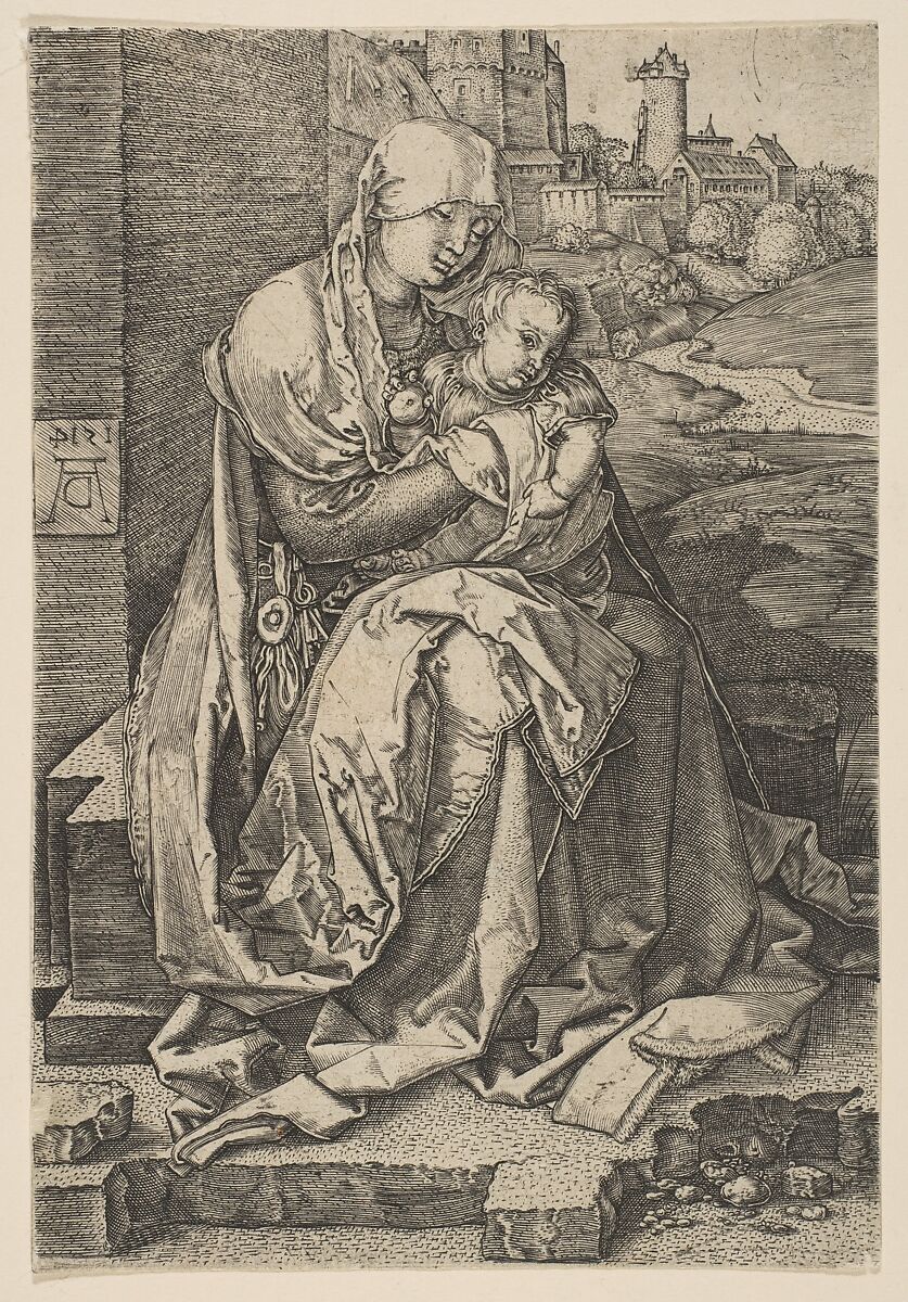 Virgin and Child Seated by the Wall (reverse copy), After Albrecht Dürer (German, Nuremberg 1471–1528 Nuremberg), Engraving 