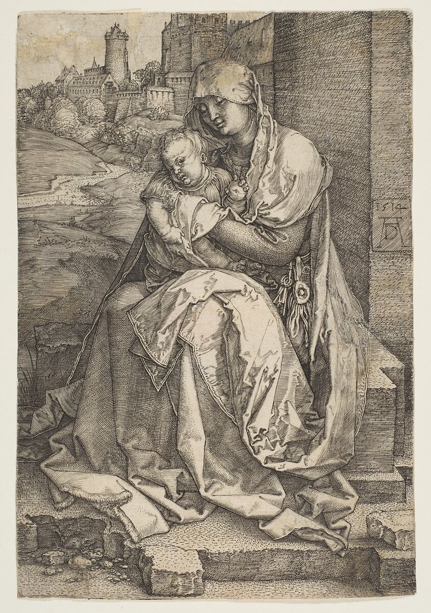 Virgin and Child Seated by the Wall, Albrecht Dürer (German, Nuremberg 1471–1528 Nuremberg), Engraving 