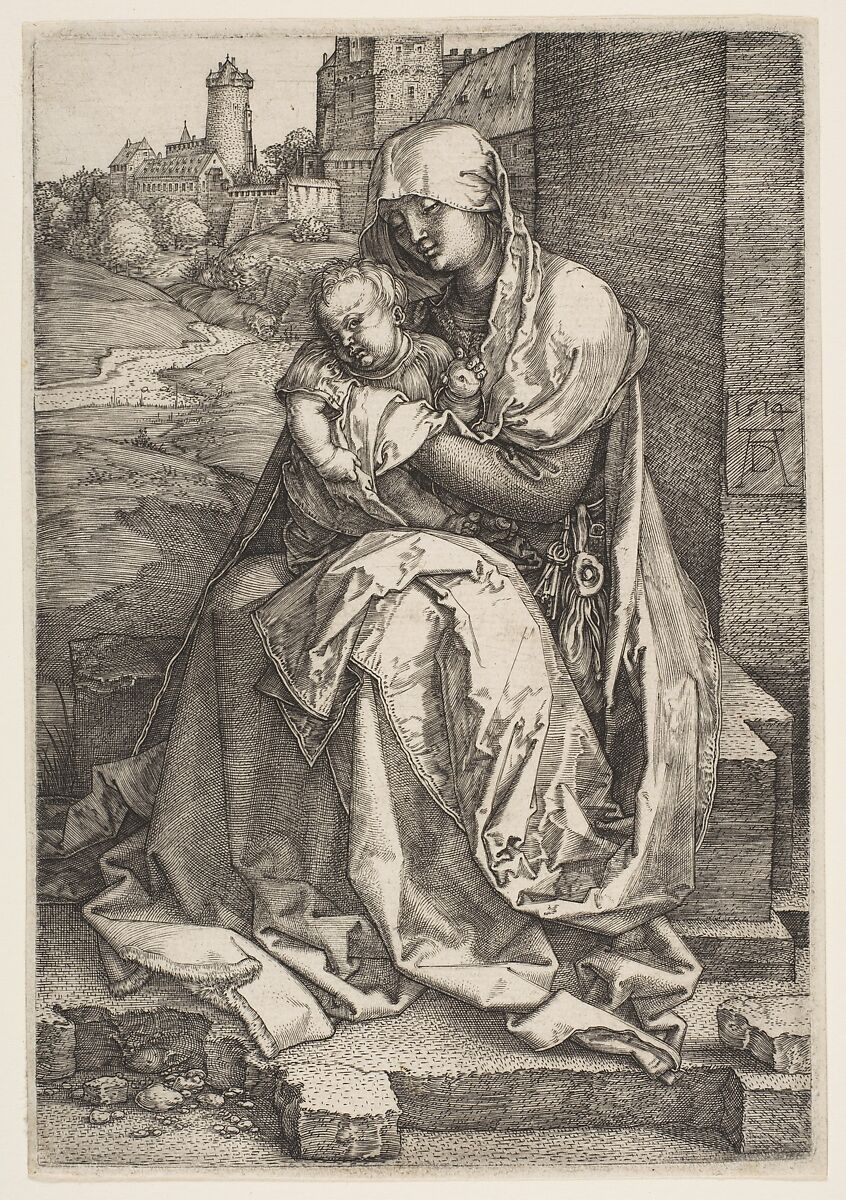 Virgin and Child Seated by the Wall, Albrecht Dürer (German, Nuremberg 1471–1528 Nuremberg), Engraving 