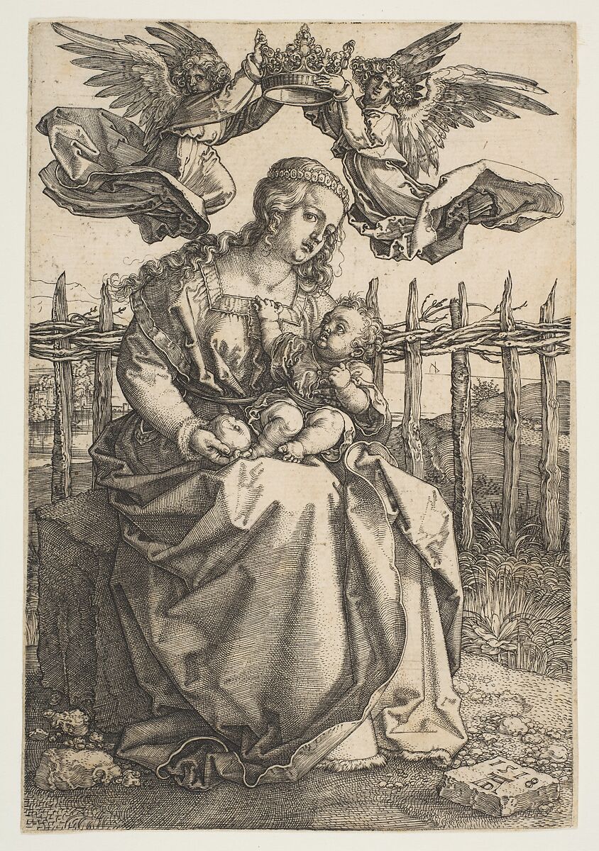 Virgin and Child Crowned by Two Angels, Albrecht Dürer (German, Nuremberg 1471–1528 Nuremberg), Engraving 