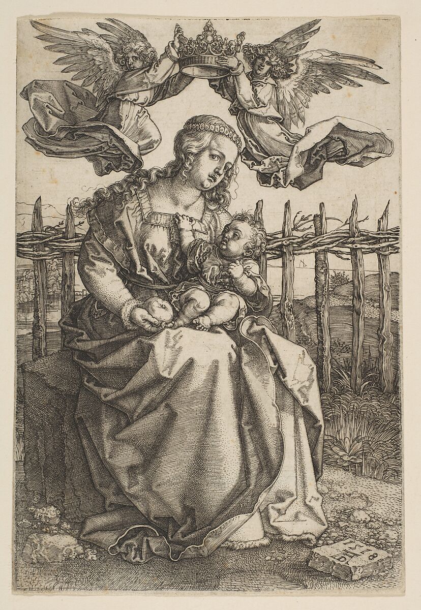 Virgin and Child Crowned by Two Angels, Albrecht Dürer (German, Nuremberg 1471–1528 Nuremberg), Engraving 