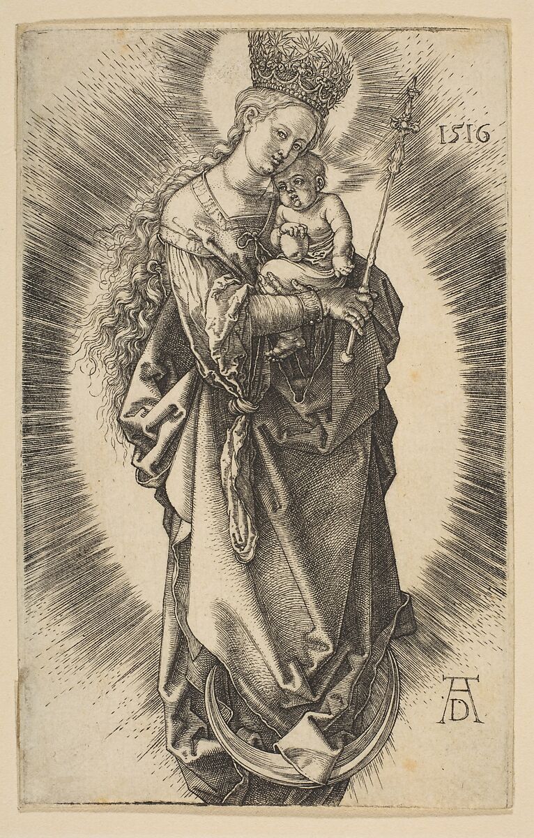 Virgin on the Crescent with Scepter and Starry Crown, Albrecht Dürer (German, Nuremberg 1471–1528 Nuremberg), Engraving 