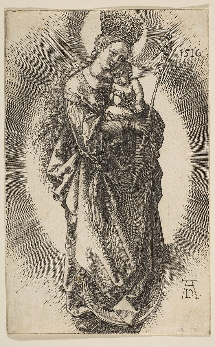 Virgin on the Crescent with Scepter and Starry Crown, Albrecht Dürer (German, Nuremberg 1471–1528 Nuremberg), Engraving 