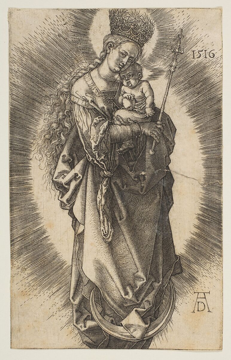 Virgin on the Crescent with Scepter and Starry Crown, Albrecht Dürer (German, Nuremberg 1471–1528 Nuremberg), Engraving 
