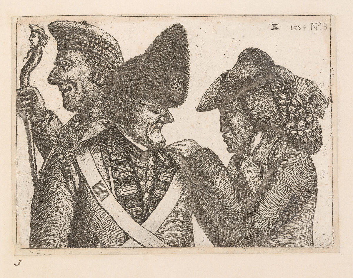 A Triumvirate: The Daft Highland Laird (James Robertson), John Dhu or Dow (a member of the Town Guard), and Jamie Duff (an Idiot), John Kay (British, Dalkeith, Scotland 1742–1826 Edinburgh), Etching 