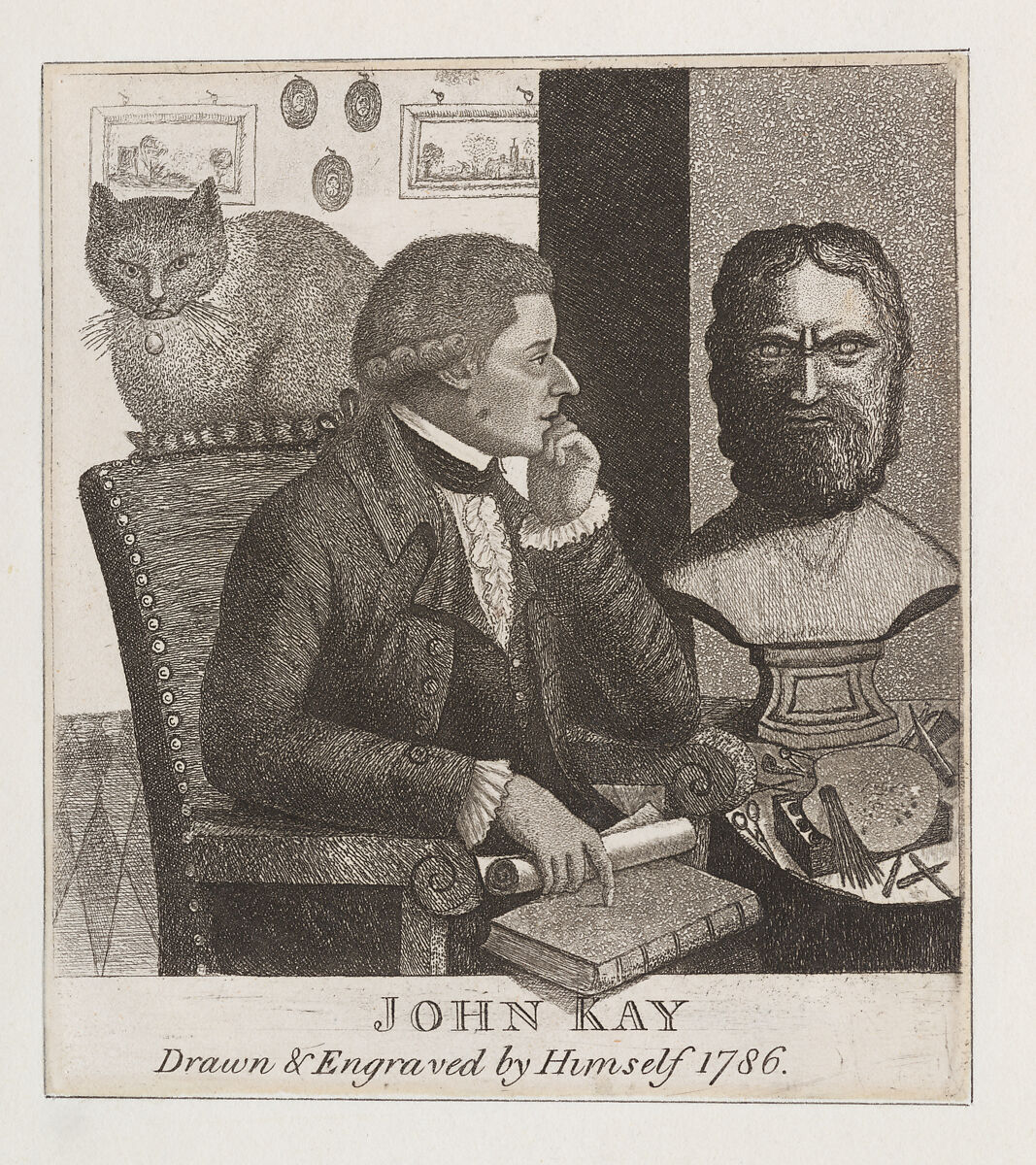 John Kay, Drawn and Engraved by Himself (Self Portrait with Cat), John Kay (British, Dalkeith, Scotland 1742–1826 Edinburgh), Etching 