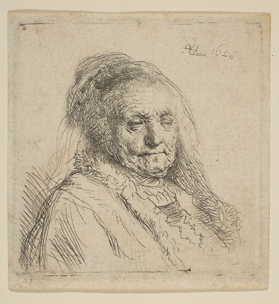 The Artist's Mother: Head and Bust Three Quarters Right, Rembrandt (Rembrandt van Rijn) (Dutch, Leiden 1606–1669 Amsterdam), Etching; New Holl.'s second state of four 