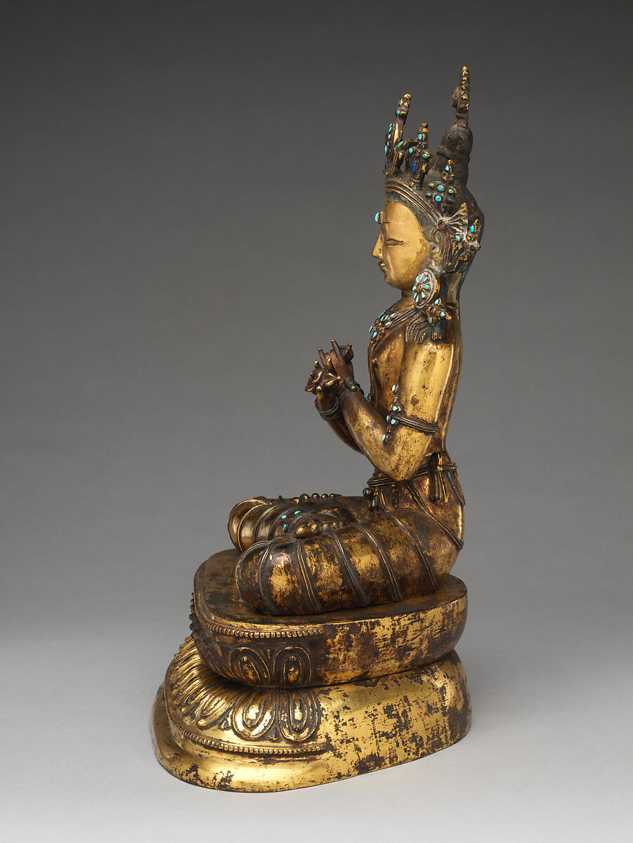 The Primordial Buddha Vajradhara, Gilt copper alloy with inlaid silver filaments, turquoise, and semiprecious stones, Tibet