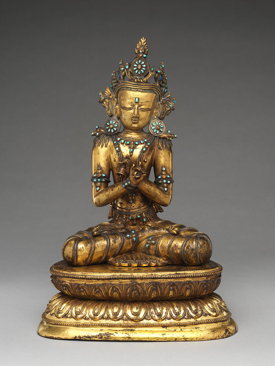 The Primordial Buddha Vajradhara, Gilt copper alloy with inlaid silver filaments, turquoise, and semiprecious stones, Tibet 