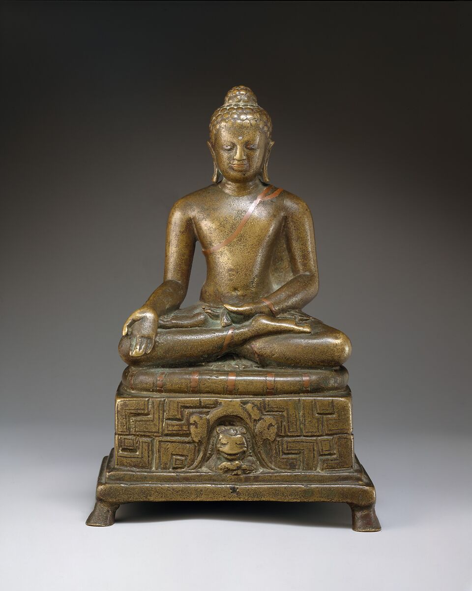 Seated Buddha, Bronze with silver and copper inlay, India 