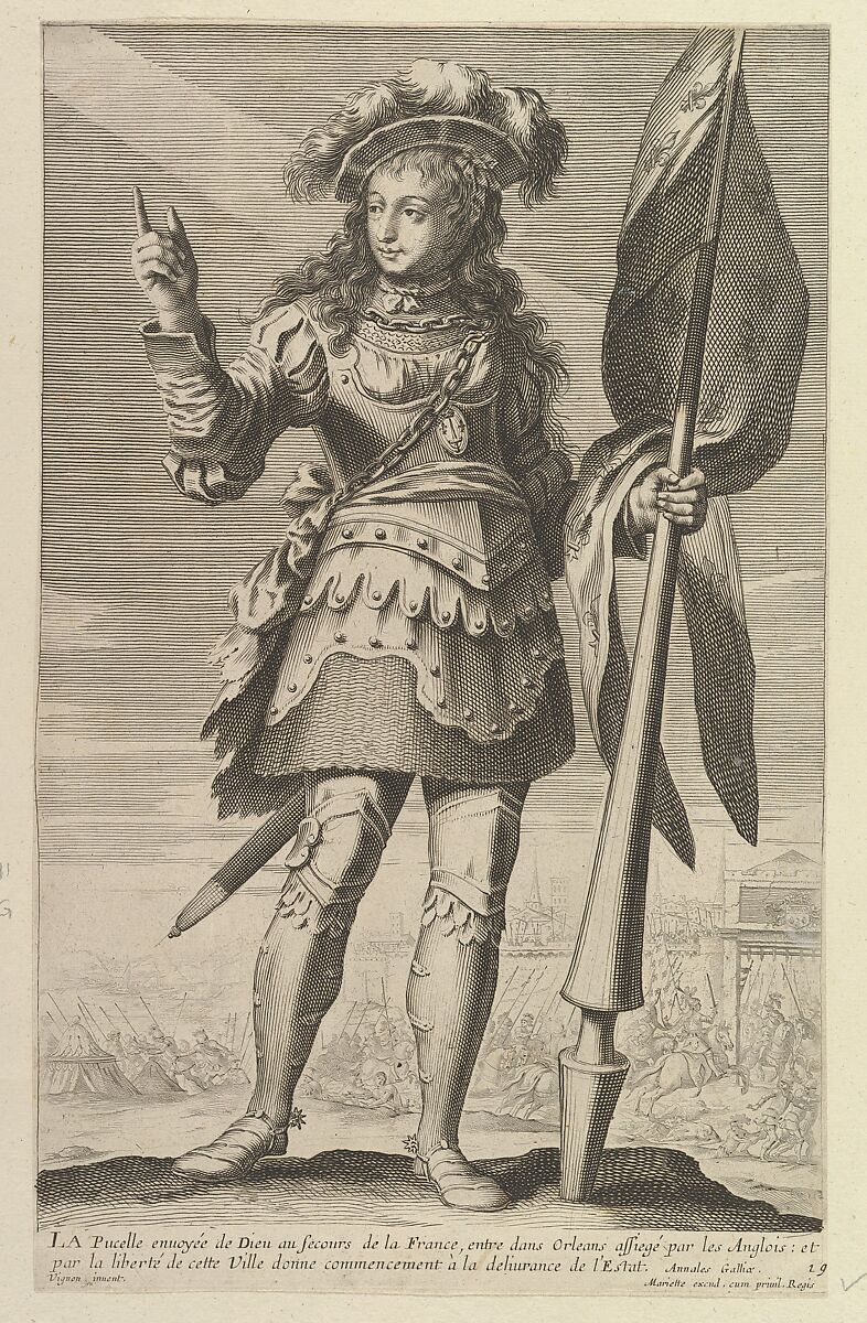 La Pucelle d'Orléans, Gilles Rousselet (French, Paris 1614–1686 Paris), Engraving (figure by Rousselet) and etching (background by Bosse) 