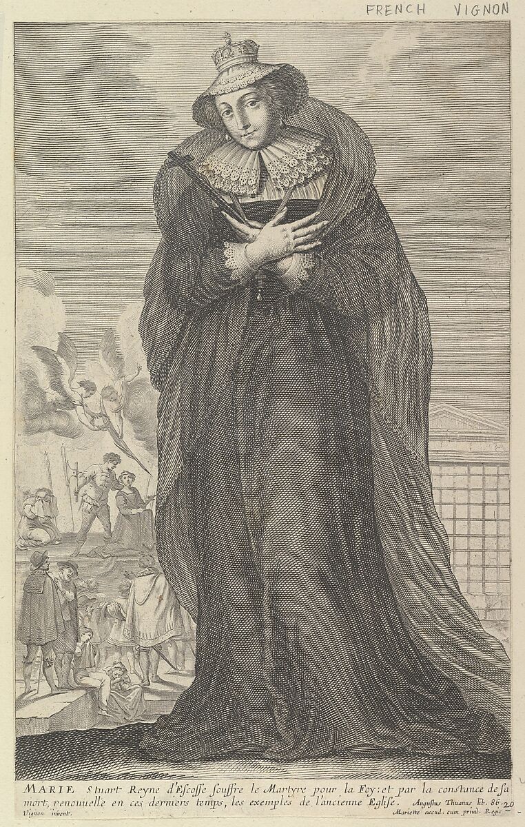 Marie Stuart, Gilles Rousselet (French, Paris 1614–1686 Paris), Engraving (figure by Rousselet) and etching (background by Bosse) 