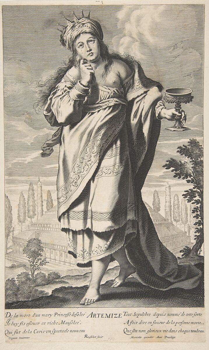 Artémise, Gilles Rousselet (French, Paris 1614–1686 Paris), Engraving (figure by Rousselet) and etching (background by Bosse) 