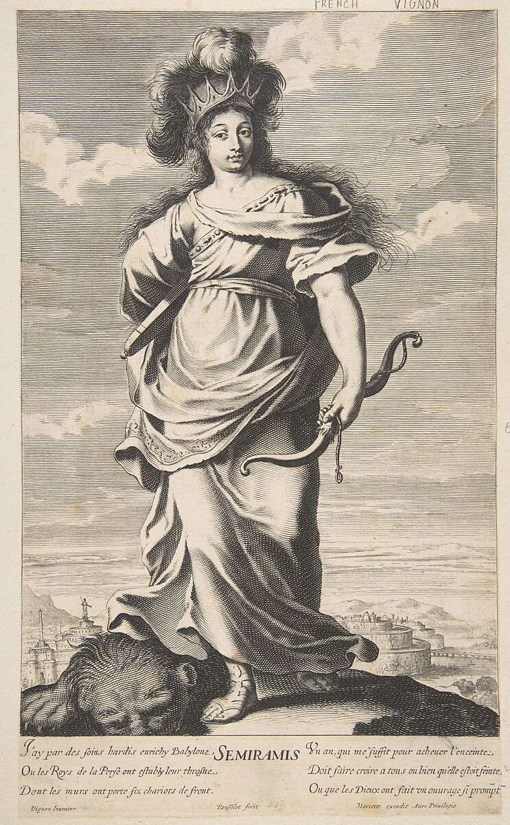 Sémiramis, Gilles Rousselet (French, Paris 1614–1686 Paris), Engraving (figure by Rousselet) and etching (background by Bosse) 