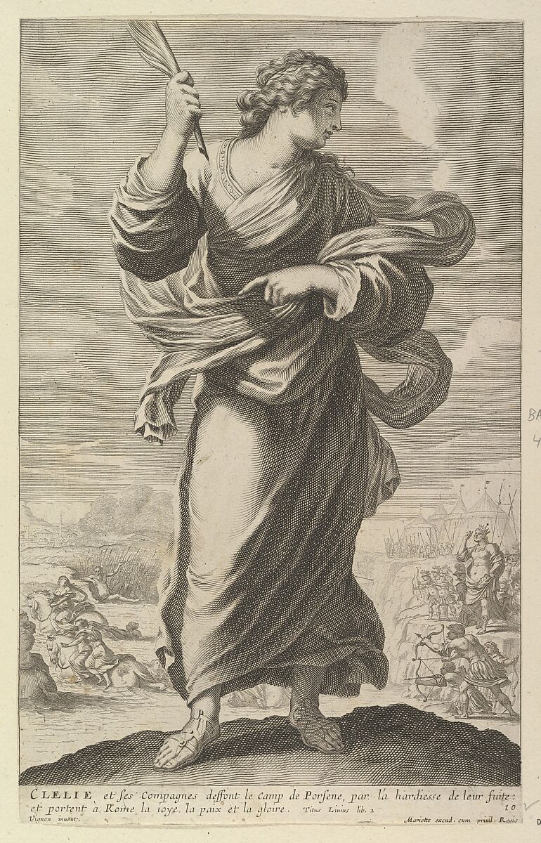 Clélie, Gilles Rousselet (French, Paris 1614–1686 Paris), Engraving (figure by Rousselet) and etching (background by Bosse) 