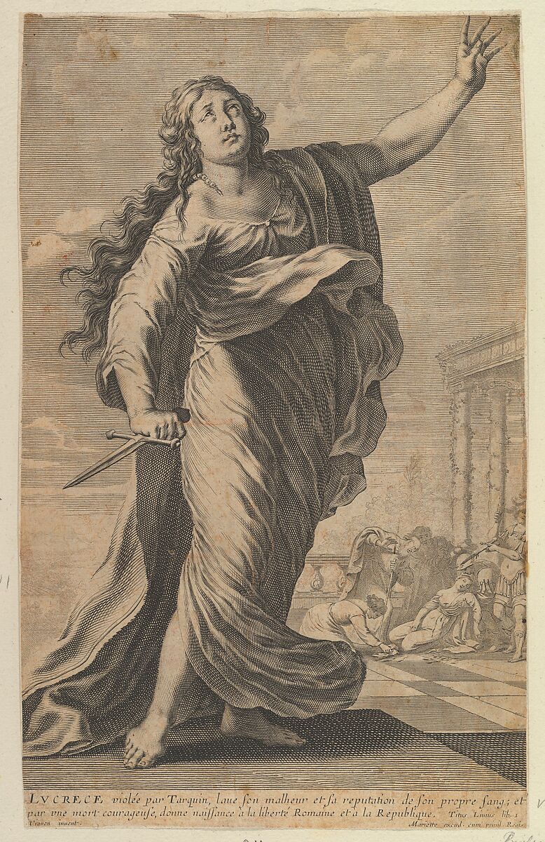 Lucrèce, Gilles Rousselet (French, Paris 1614–1686 Paris), Engraving (figure by Rousselet) and etching (background by Bosse) 