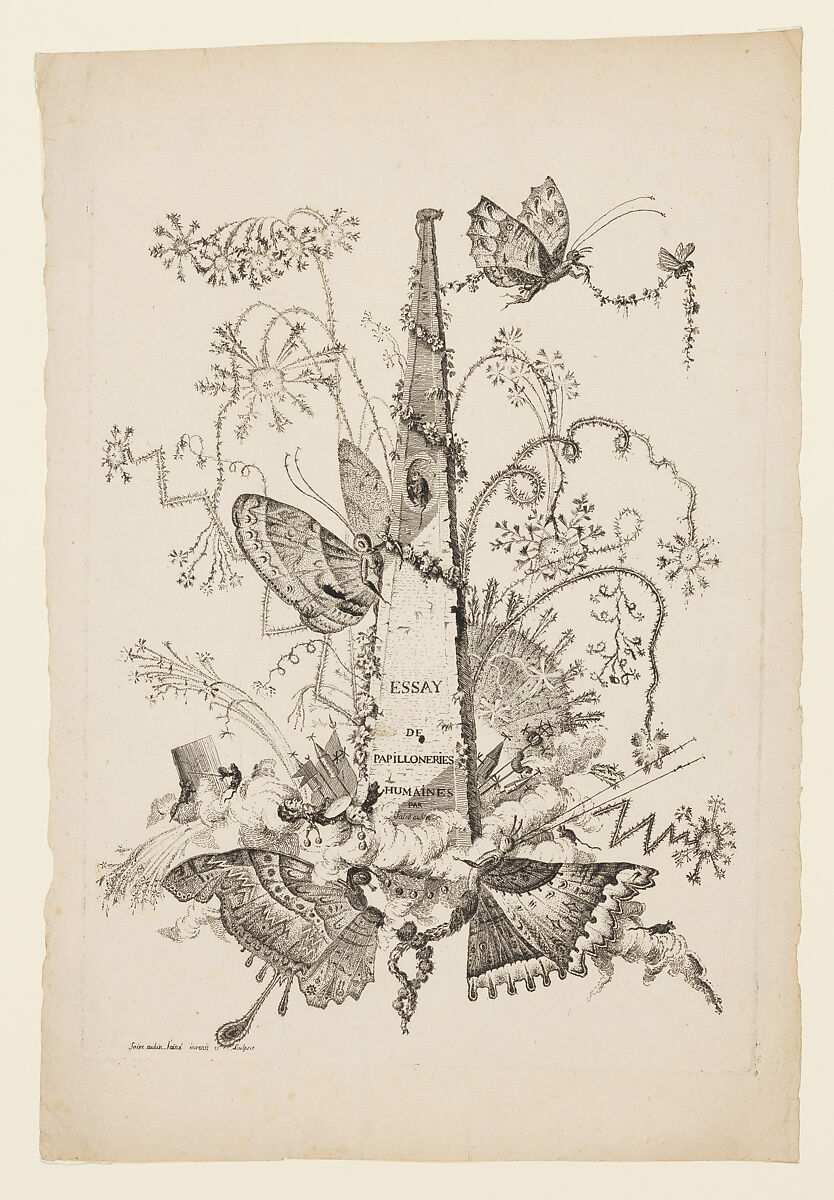 Title page from Essay on Butterflies Masquerading as Humans (Essai de Papilloneries Humaines), Charles Germain de Saint-Aubin (French, Paris 1721–1786 Paris), Etching; first state of two 