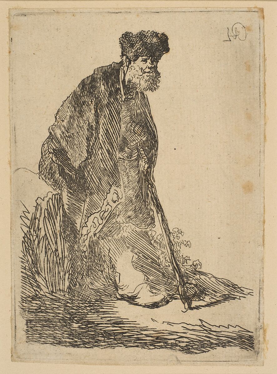 Man in a Cloak and Fur Cap, Leaning against a Bank, Rembrandt (Rembrandt van Rijn) (Dutch, Leiden 1606–1669 Amsterdam), Etching 