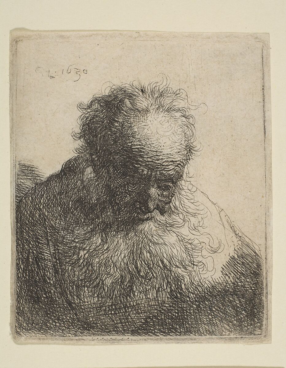 Bust of an Old Man with a Flowing Beard: the Head Bowed Forward: Left Shoulder Unshaded, Rembrandt (Rembrandt van Rijn) (Dutch, Leiden 1606–1669 Amsterdam), Etching 